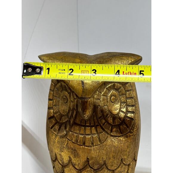 Solid Wood Hand Carved Owl Painted Gold With Black Felt bottom Green Front - Picture 8 of 9